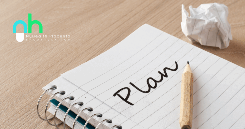 “Pregnant mother in her second trimester making a postpartum plan” “Placenta encapsulation capsules as part of postpartum preparation” “Happy mom enjoying stress-free postpartum recovery with newborn”