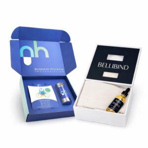 Postpartum Vitality Bundle featuring NuHealth placenta encapsulation service kit and BelliBind post-birth belly wrap for holistic postpartum recovery.