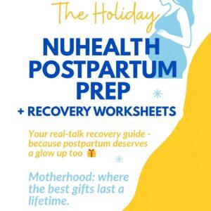 Holiday Postpartum Prep Guide cover with pregnant illustration, festive accents, and NuHealth Placenta branding.