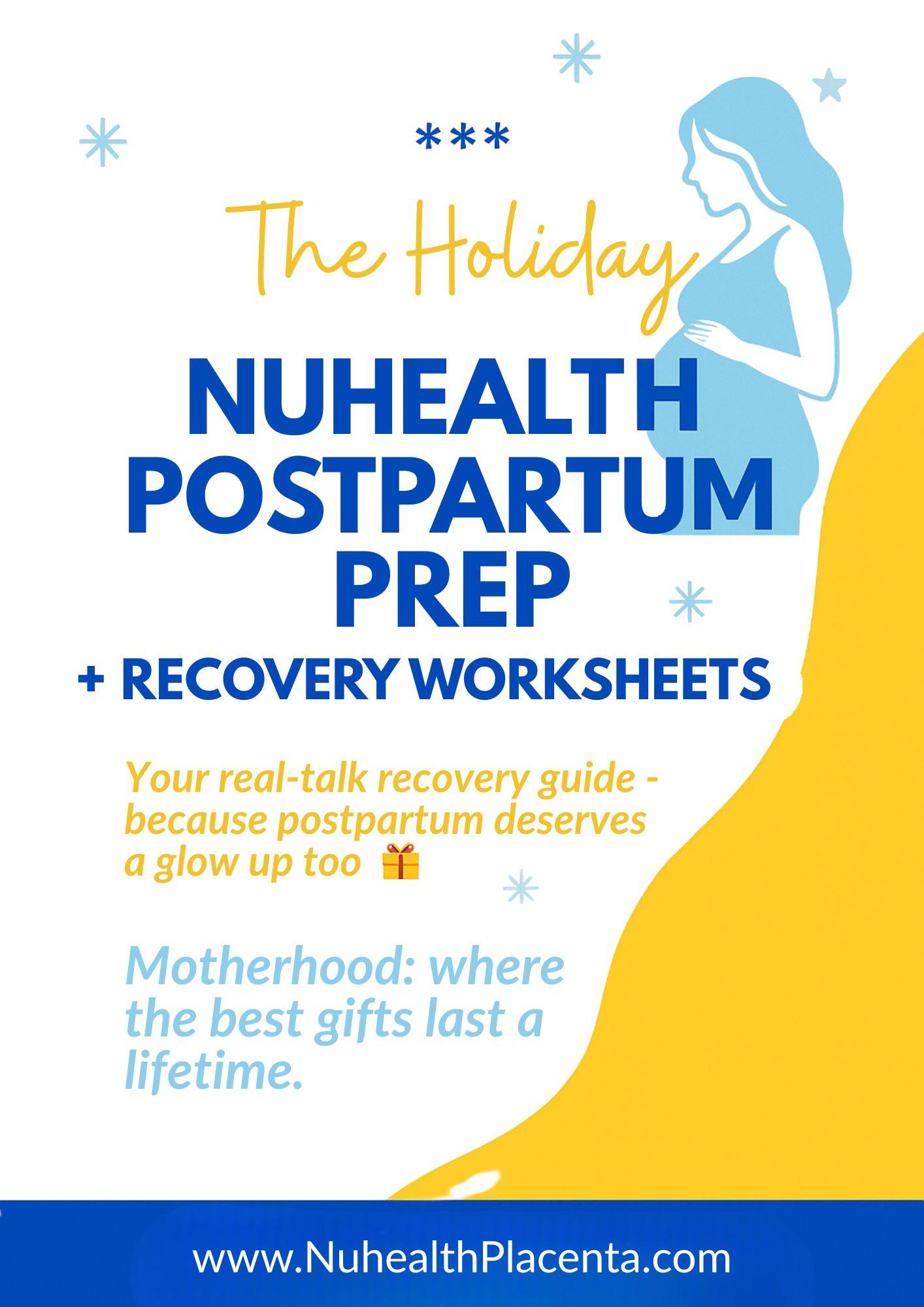 Holiday Postpartum Prep Guide cover with pregnant illustration, festive accents, and NuHealth Placenta branding.