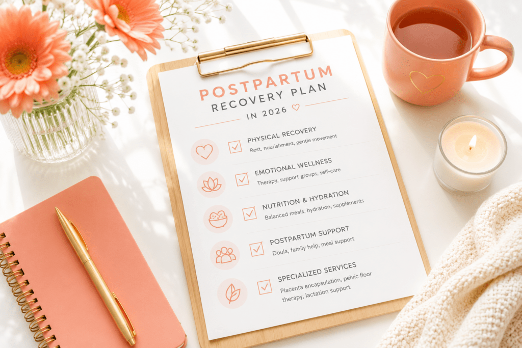 Minimal postpartum self-care scene with journal, coffee, and cozy home setting for maternal wellness