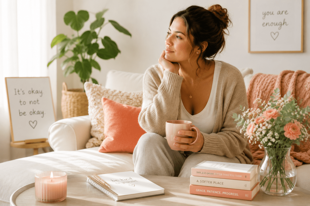 New mother relaxing at home during postpartum recovery with emotional wellness and self-care support