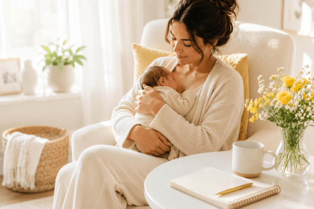 Mother holding her newborn baby during postpartum recovery at home